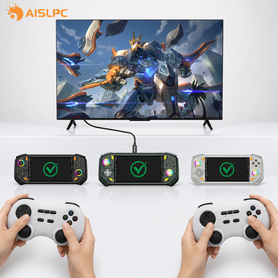 Обложка блога AISLPC с двумя геймпадами RGpad02 для игры вдвоём и консолями RG52 MINI, подключёнными к телевизору.