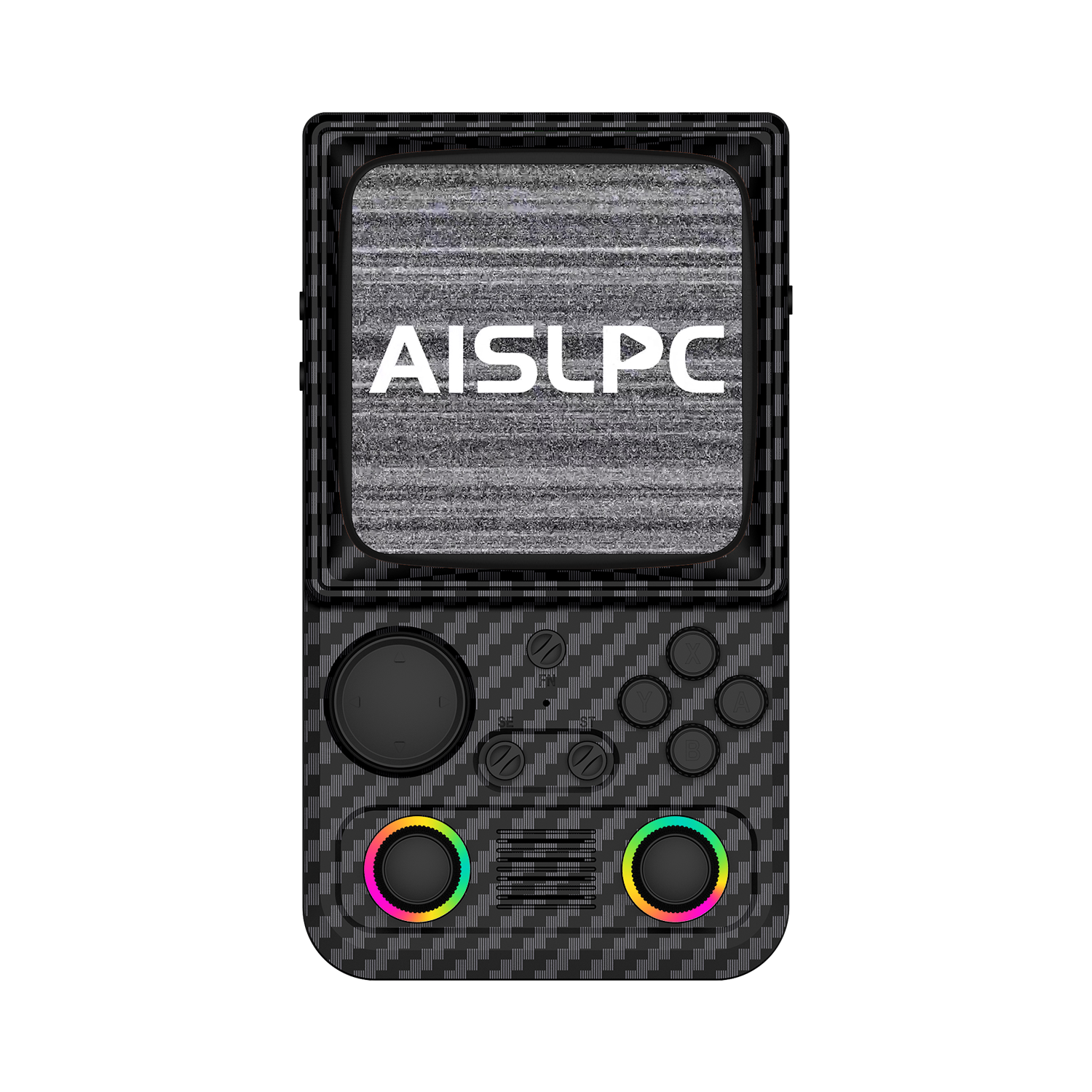 Угольно-чёрная AISLPC R36T MAX WiFi, вид спереди: дизайн в стиле ретро-телевизора и RGB-джойстики.