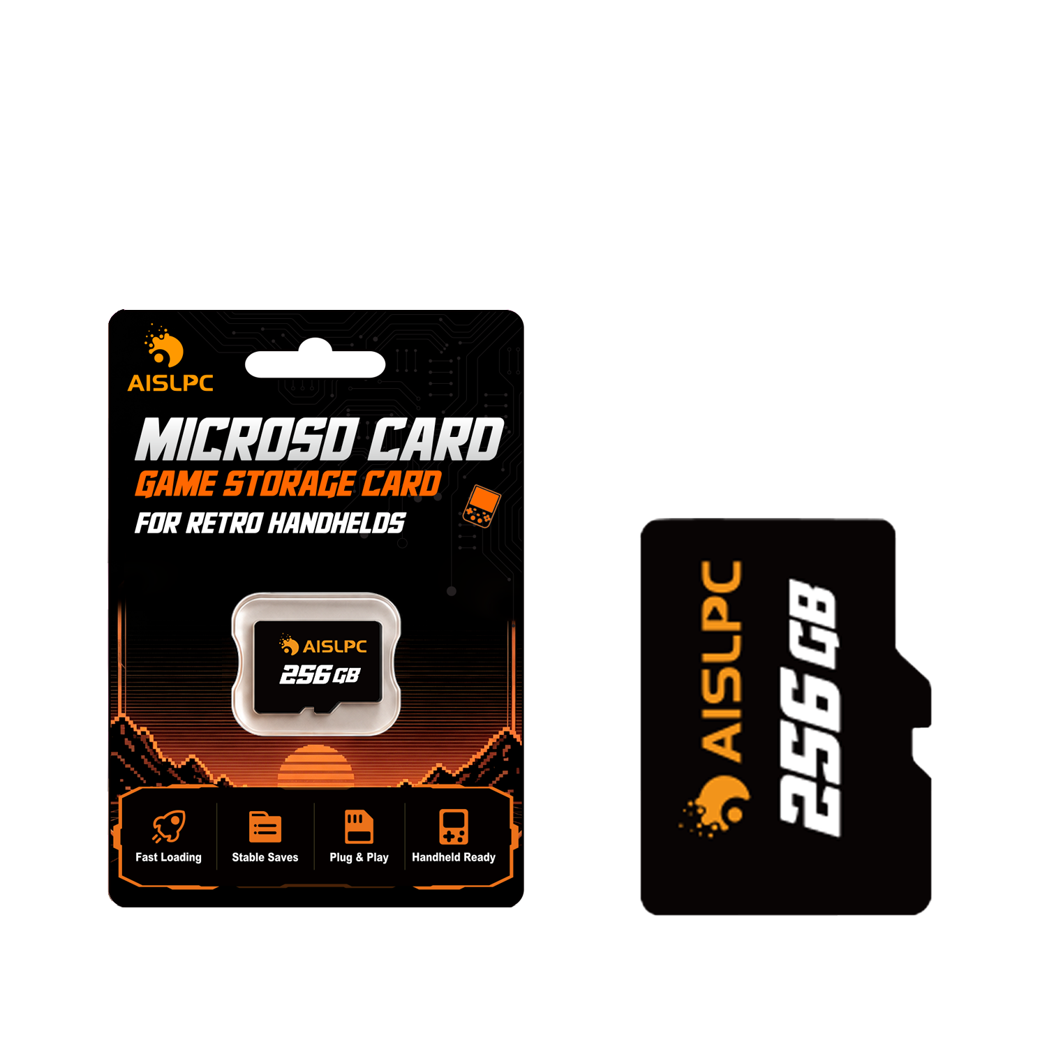 Карта microSD AISLPC 256 ГБ с упаковкой на прозрачном фоне для портативных ретро-консолей.