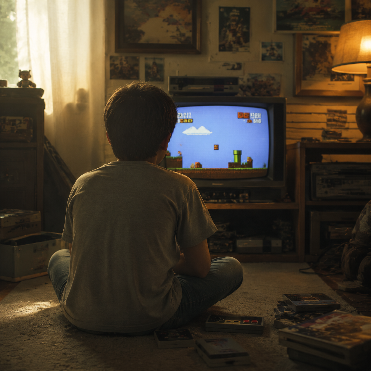 Изображение Our Story: молодой игрок сидит на полу и играет в ретро-игру на ЭЛТ-телевизоре в ностальгической гостиной.