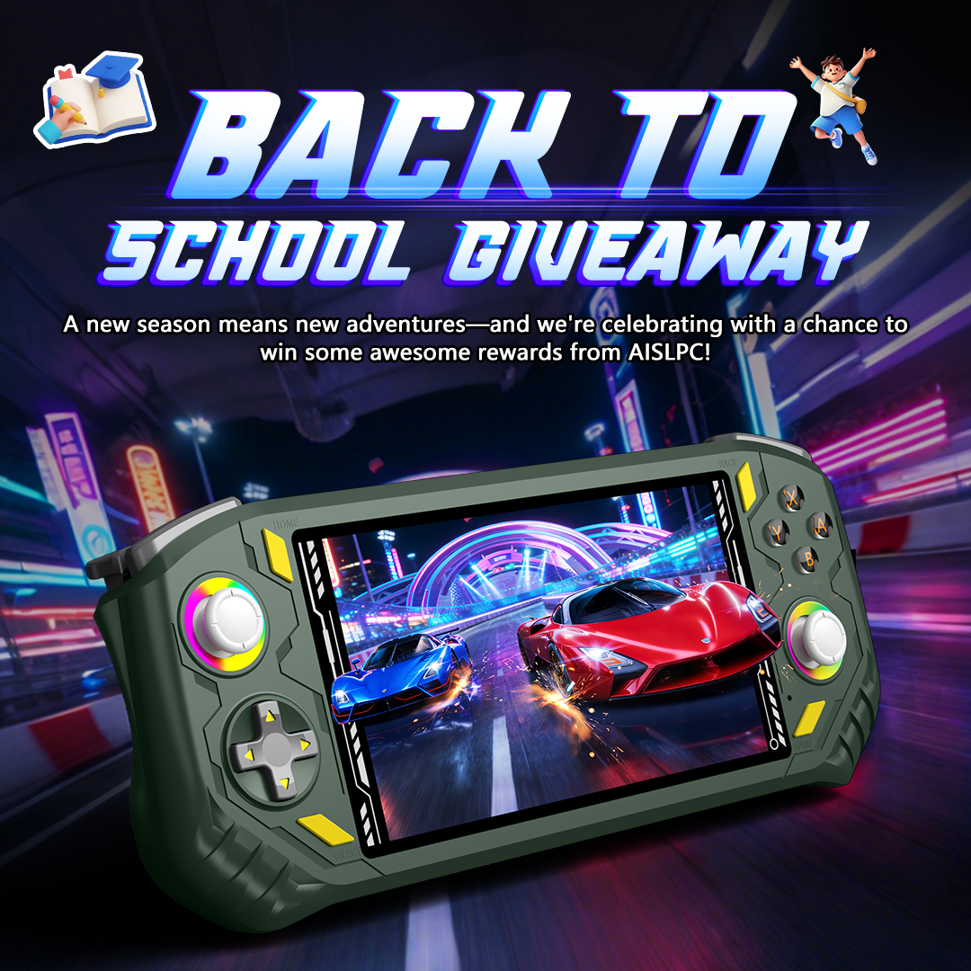 Плакат розыгрыша AISLPC Back to School с зелёной портативной консолью и гоночной игрой на экране на фоне неонового города.
