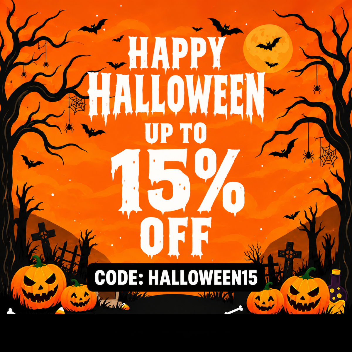 AISLPC Halloween sale banner featuring pumpkins, bats, and 15% off with code HALLOWEEN15.