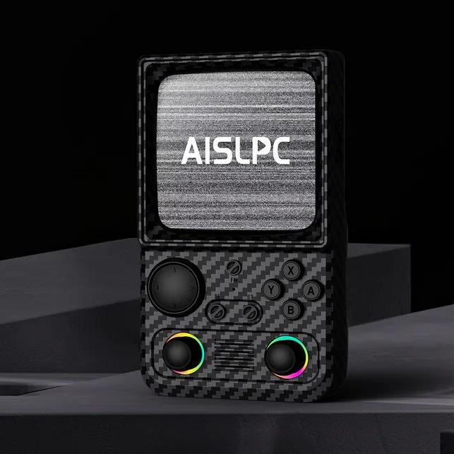 Чёрная R36T MAX с двумя RGB-джойстиками, текстурой под карбон и логотипом AISLPC на экране.