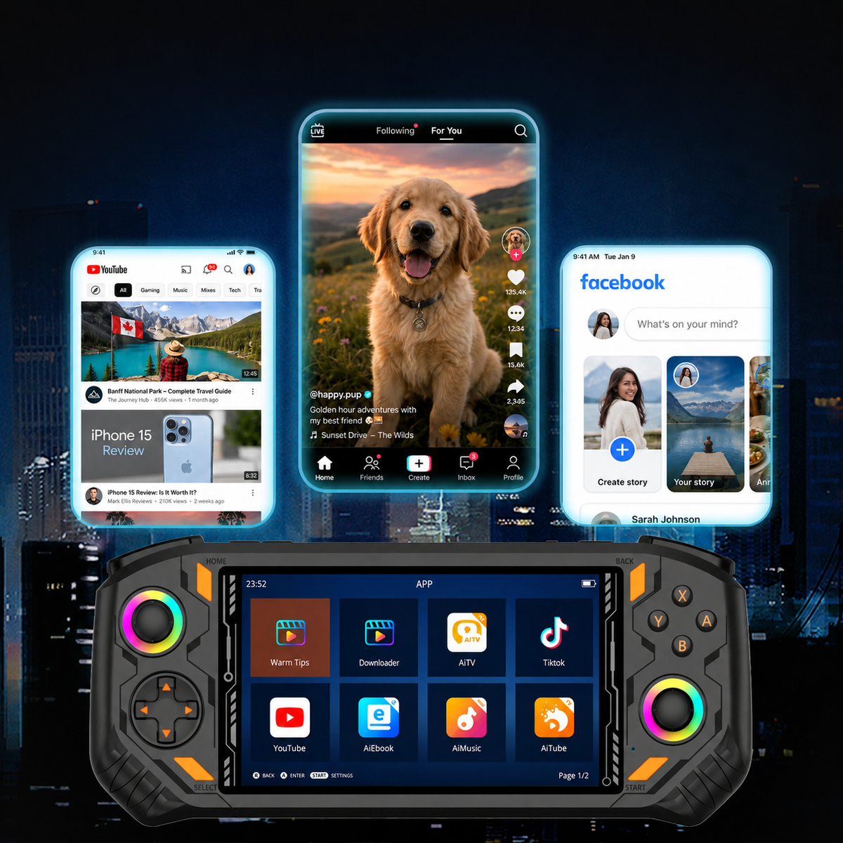 AISLPC handheld game console displaying social media and mobile app connectivity features with smartphone content on screen.