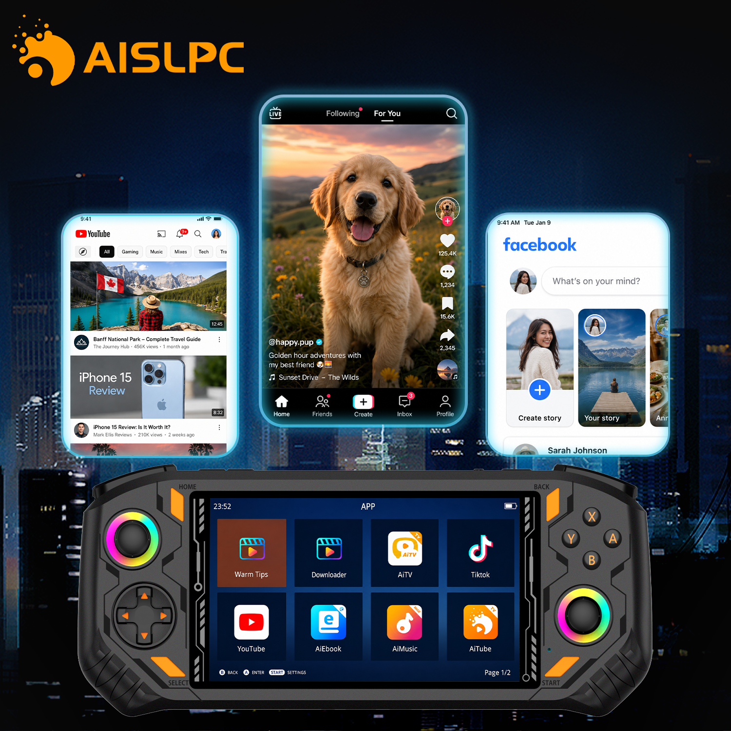 Портативная консоль AISLPC с функциями подключения к социальным сетям и мобильным приложениям, на экране отображается контент смартфона.