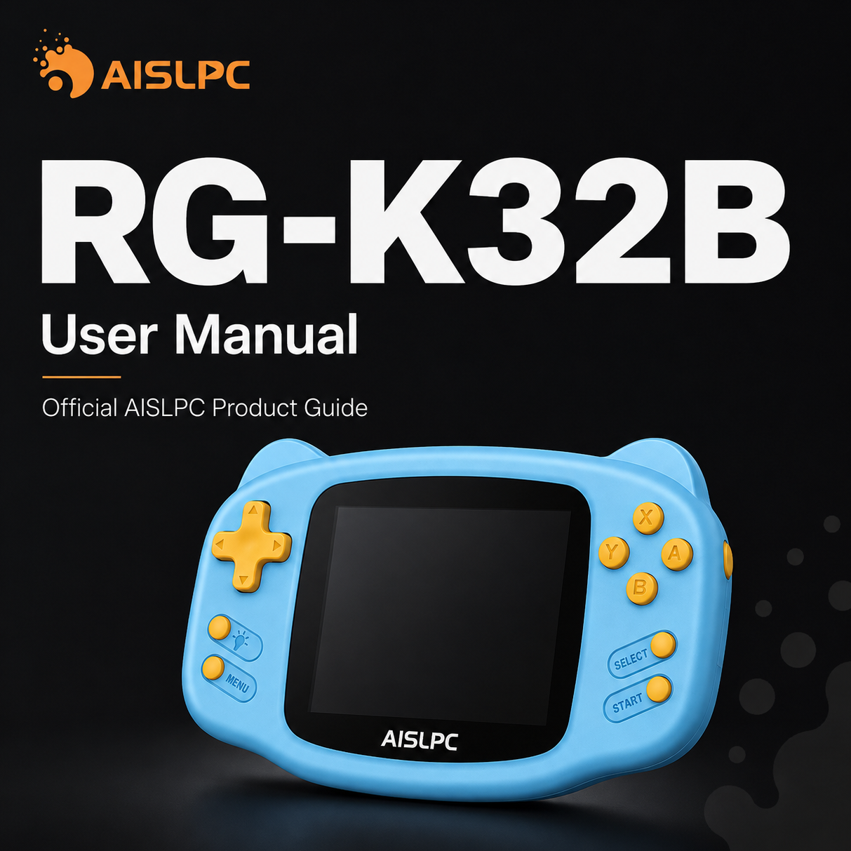 Обложка руководства пользователя AISLPC RG-K32B с официальным руководством и синей портативной консолью в кошачьей тематике.