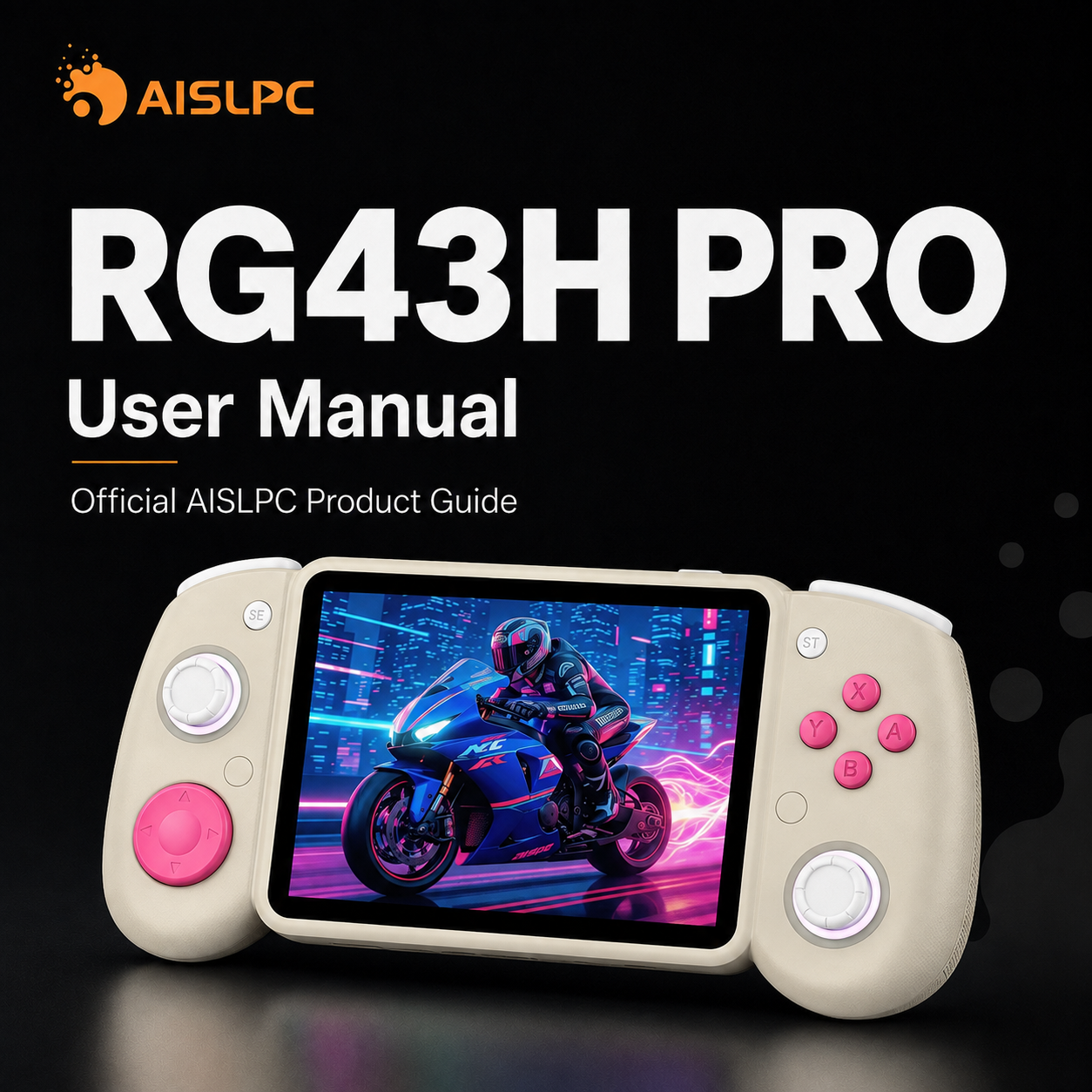 Обложка руководства пользователя AISLPC RG43H PRO с официальным руководством и кремовой ретро-консолью с мотогонкой на экране.