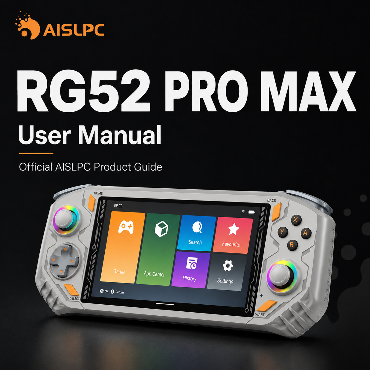 Обложка руководства пользователя AISLPC RG52 PRO MAX с официальным руководством и серебристой ретро-консолью.