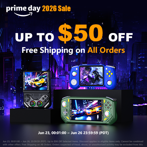 Плакат Amazon Prime Day 2026 для США с портативными ретро-консолями AISLPC: скидка до 50 $, бесплатная доставка всех заказов и даты акции 23–26 июня.