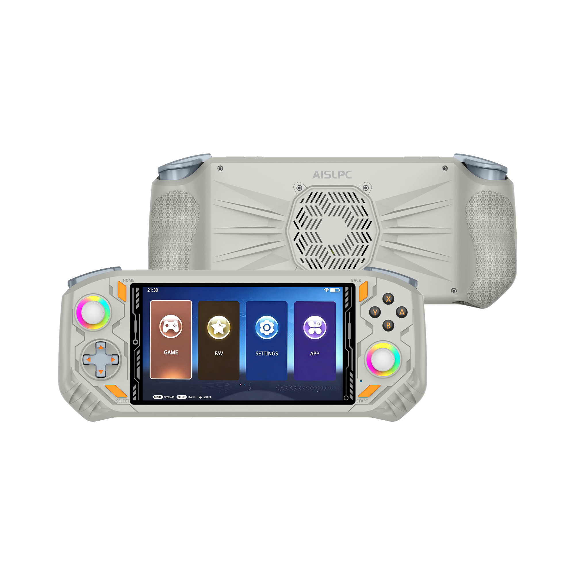 Белая AISLPC RG52 MINI, вид спереди и сзади: RGB-джойстики, вентилятор охлаждения и эргономичные хваты.
