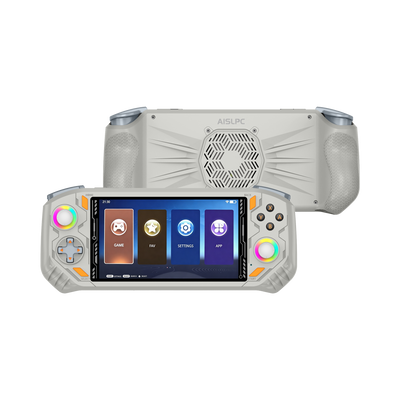 Белая AISLPC RG52 MINI, вид спереди и сзади: RGB-джойстики, вентилятор охлаждения и эргономичные хваты.