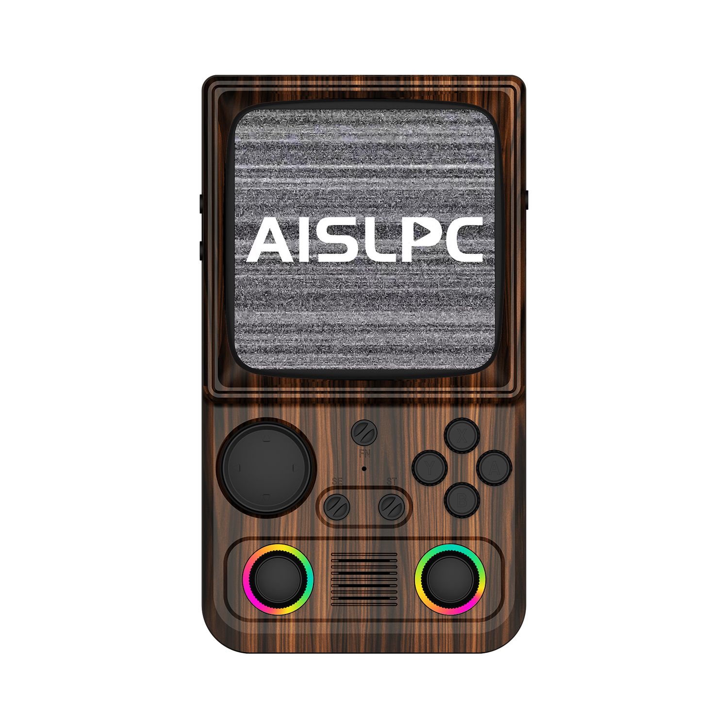Кофейно-коричневая AISLPC R36T MAX WiFi, вид спереди: дизайн в стиле ретро-телевизора и RGB-джойстики.