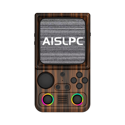 Кофейно-коричневая AISLPC R36T MAX WiFi, вид спереди: дизайн в стиле ретро-телевизора и RGB-джойстики.