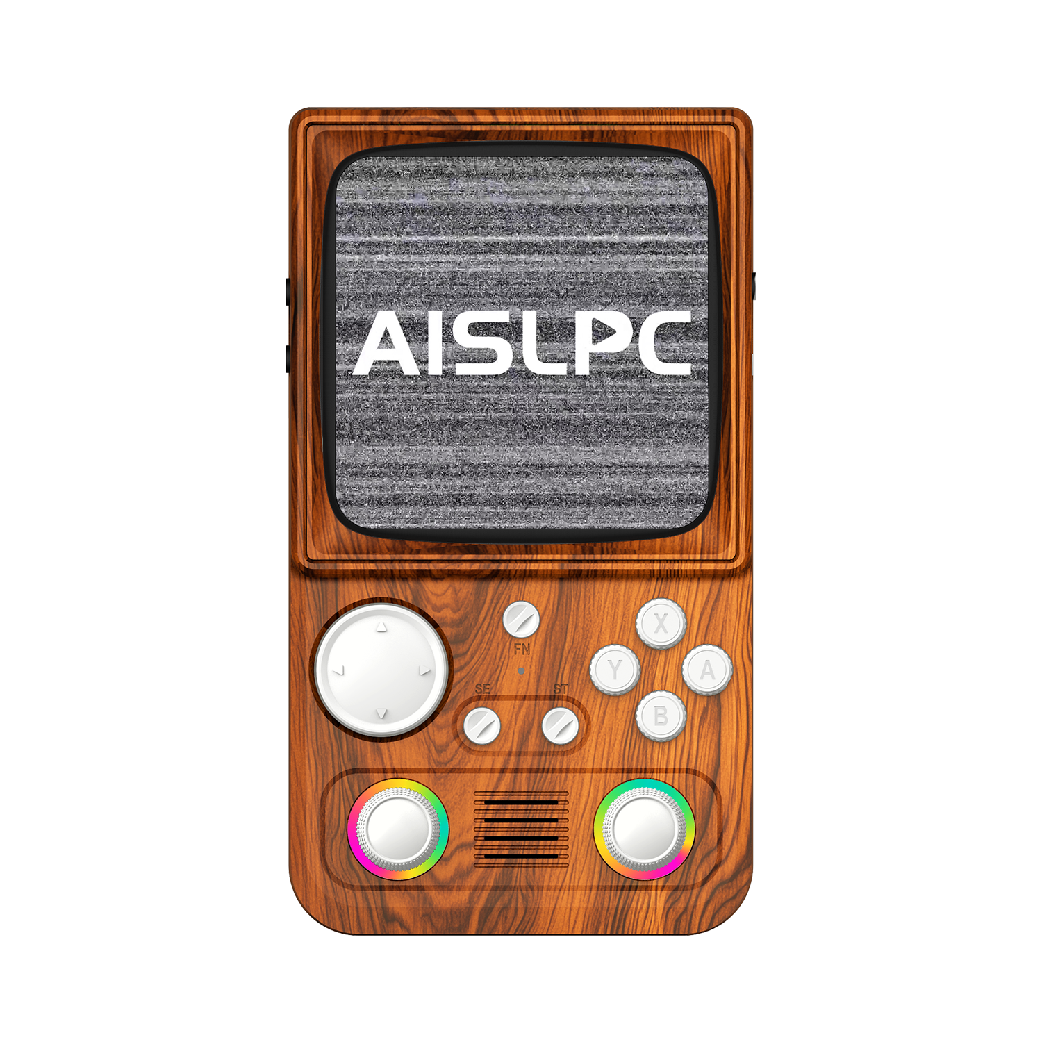 Древесно-коричневая AISLPC R36T MAX WiFi, вид спереди: дизайн в стиле ретро-телевизора и RGB-джойстики.