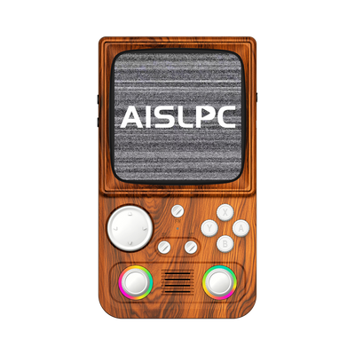 Древесно-коричневая AISLPC R36T MAX WiFi, вид спереди: дизайн в стиле ретро-телевизора и RGB-джойстики.