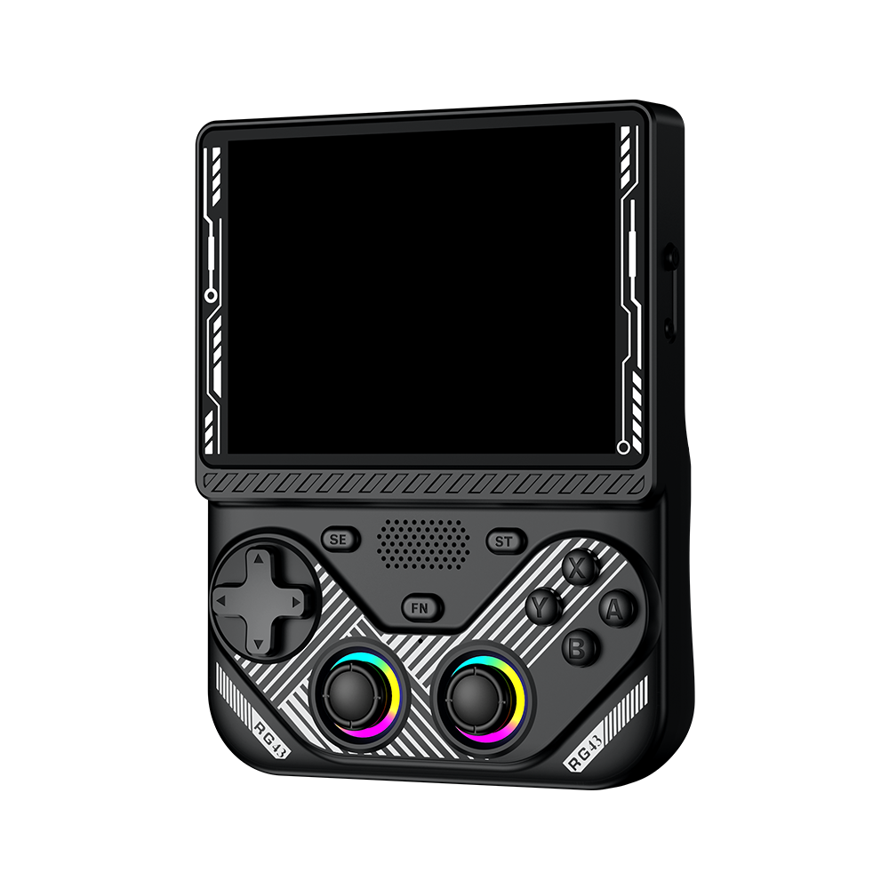 Чёрная AISLPC RG43V PRO, вид спереди под углом: большой экран и два RGB-джойстика.