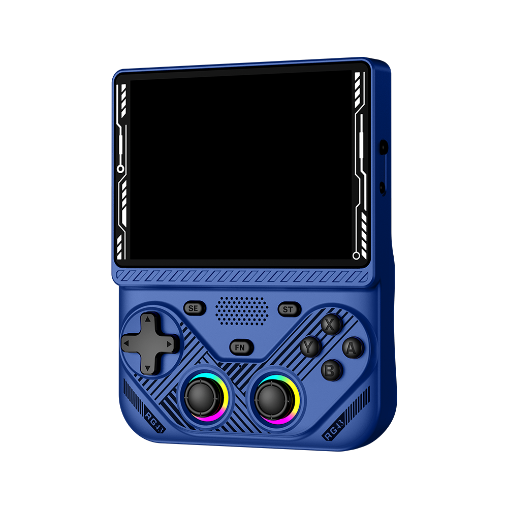 Синяя AISLPC RG43V PRO, вид спереди под углом: большой экран и два RGB-джойстика.