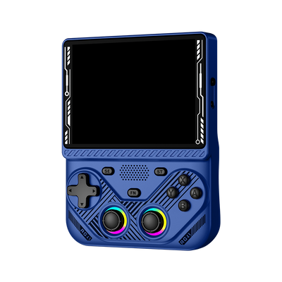 Синяя AISLPC RG43V PRO, вид спереди под углом: большой экран и два RGB-джойстика.