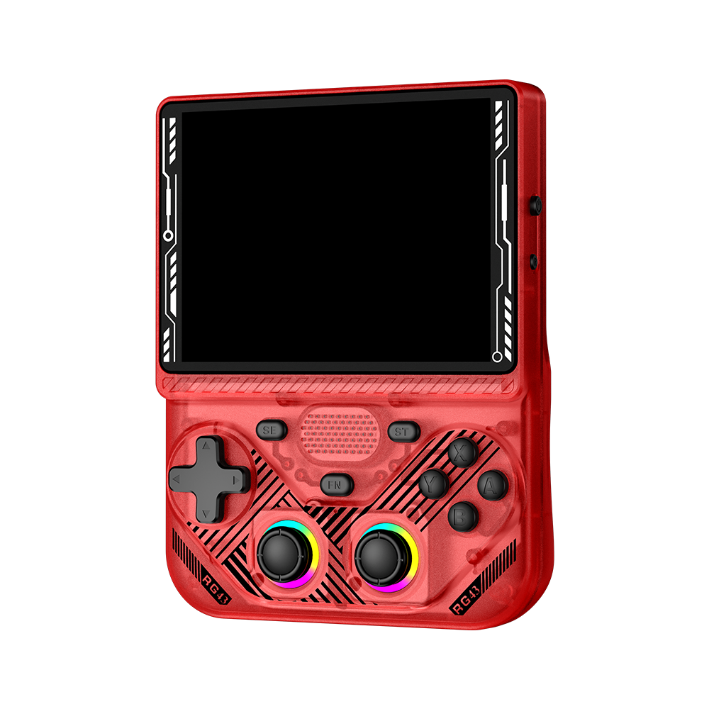 Красная AISLPC RG43V PRO, вид спереди под углом: большой экран и два RGB-джойстика.