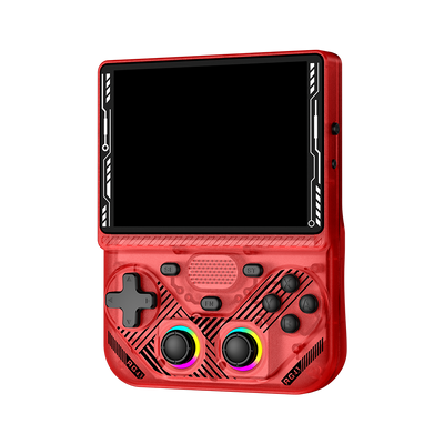 Красная AISLPC RG43V PRO, вид спереди под углом: большой экран и два RGB-джойстика.