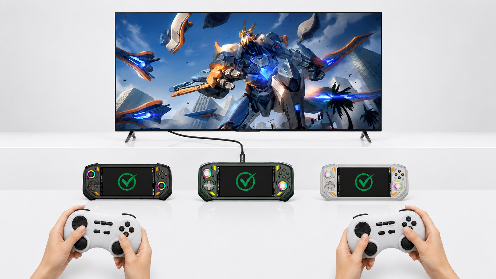 AISLPC RG52 MINI подключена к телевизору кабелем передачи данных; два беспроводных геймпада RGPad02 используются для игры вдвоём.