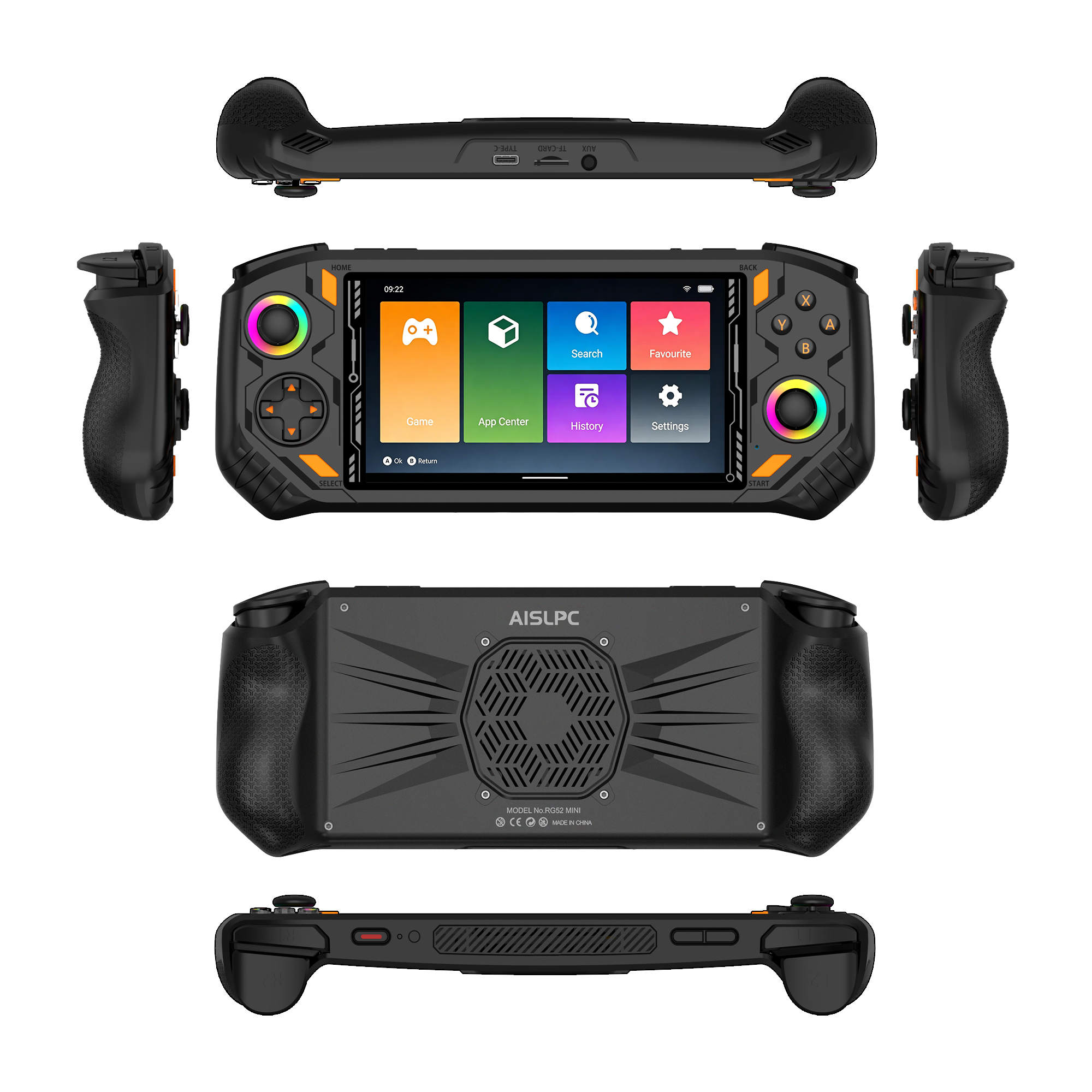 Чёрная AISLPC RG52 PRO MAX, показанная спереди, сзади, сбоку, сверху и снизу: два RGB-джойстика, эргономичные хваты, плечевые кнопки и задняя вентиляция.