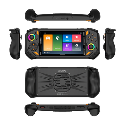 Чёрная AISLPC RG52 PRO MAX, показанная спереди, сзади, сбоку, сверху и снизу: два RGB-джойстика, эргономичные хваты, плечевые кнопки и задняя вентиляция.