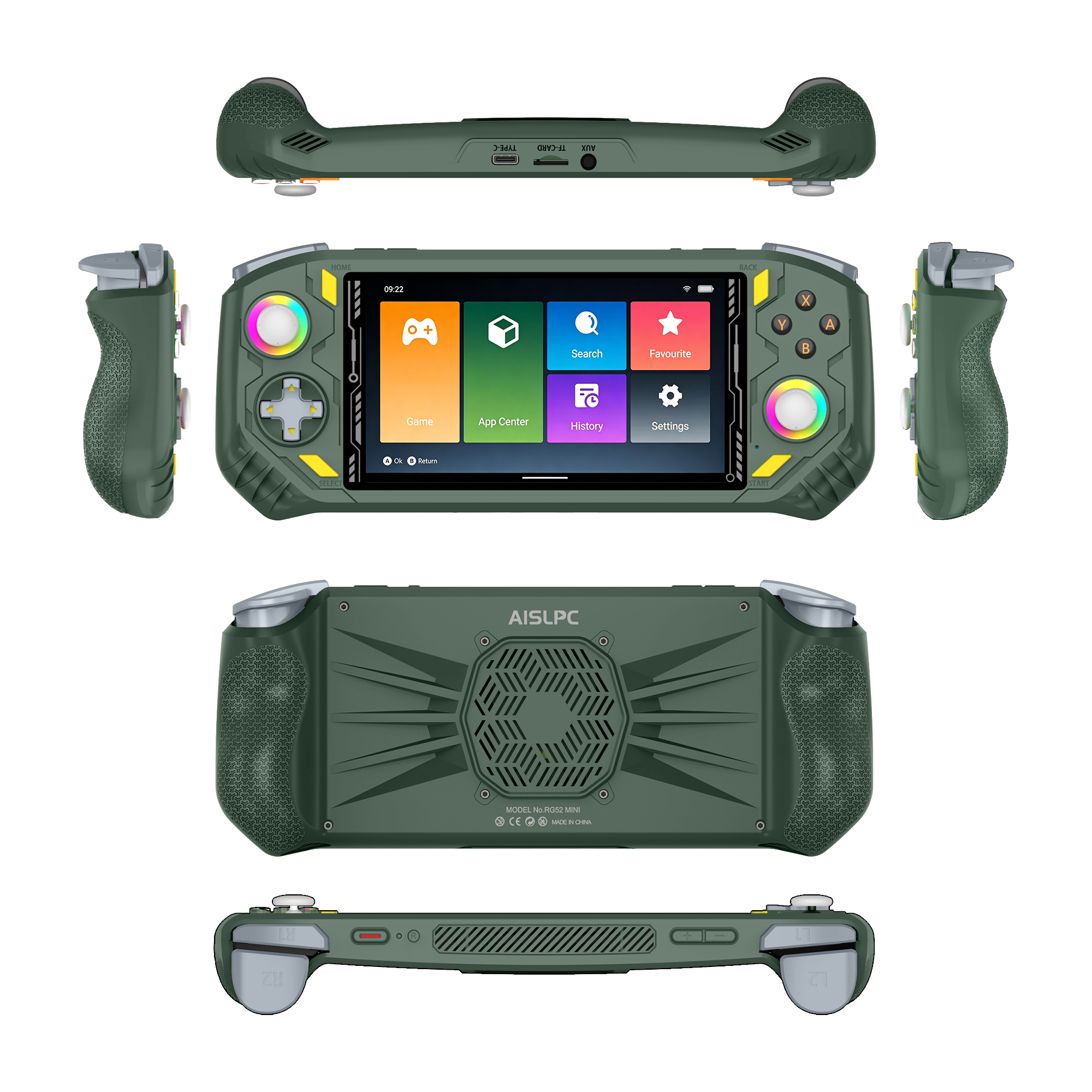 Зелёная AISLPC RG52 PRO MAX, показанная спереди, сзади, сбоку, сверху и снизу.