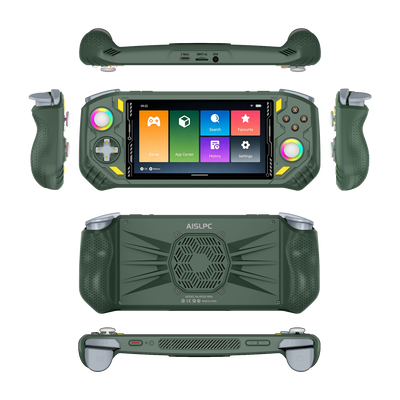 Зелёная AISLPC RG52 PRO MAX, показанная спереди, сзади, сбоку, сверху и снизу.