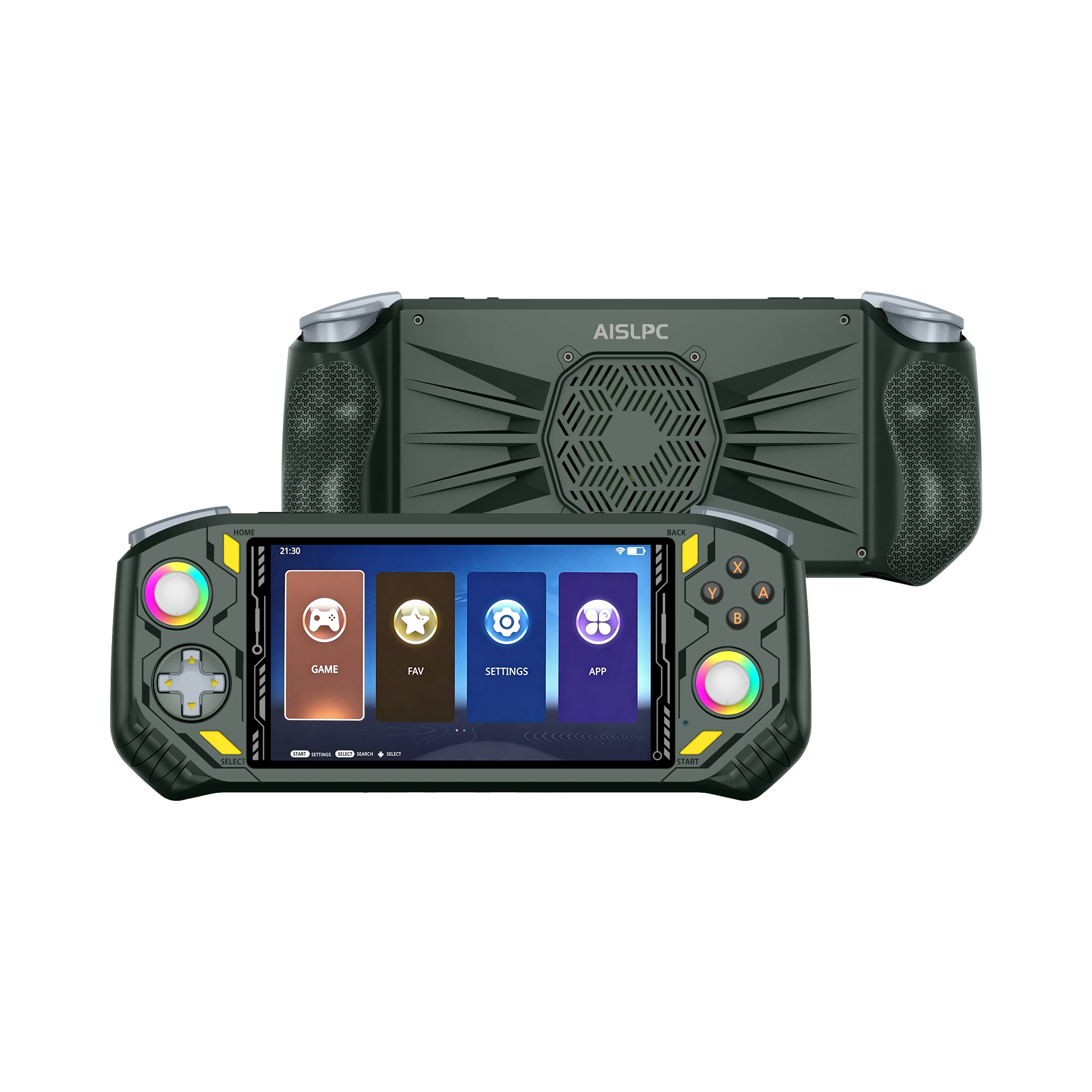 Новая зелёная AISLPC RG52 MINI, вид спереди и сзади: RGB-джойстики и рельефные хваты.