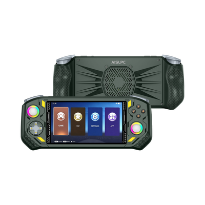 Новая зелёная AISLPC RG52 MINI, вид спереди и сзади: RGB-джойстики и рельефные хваты.