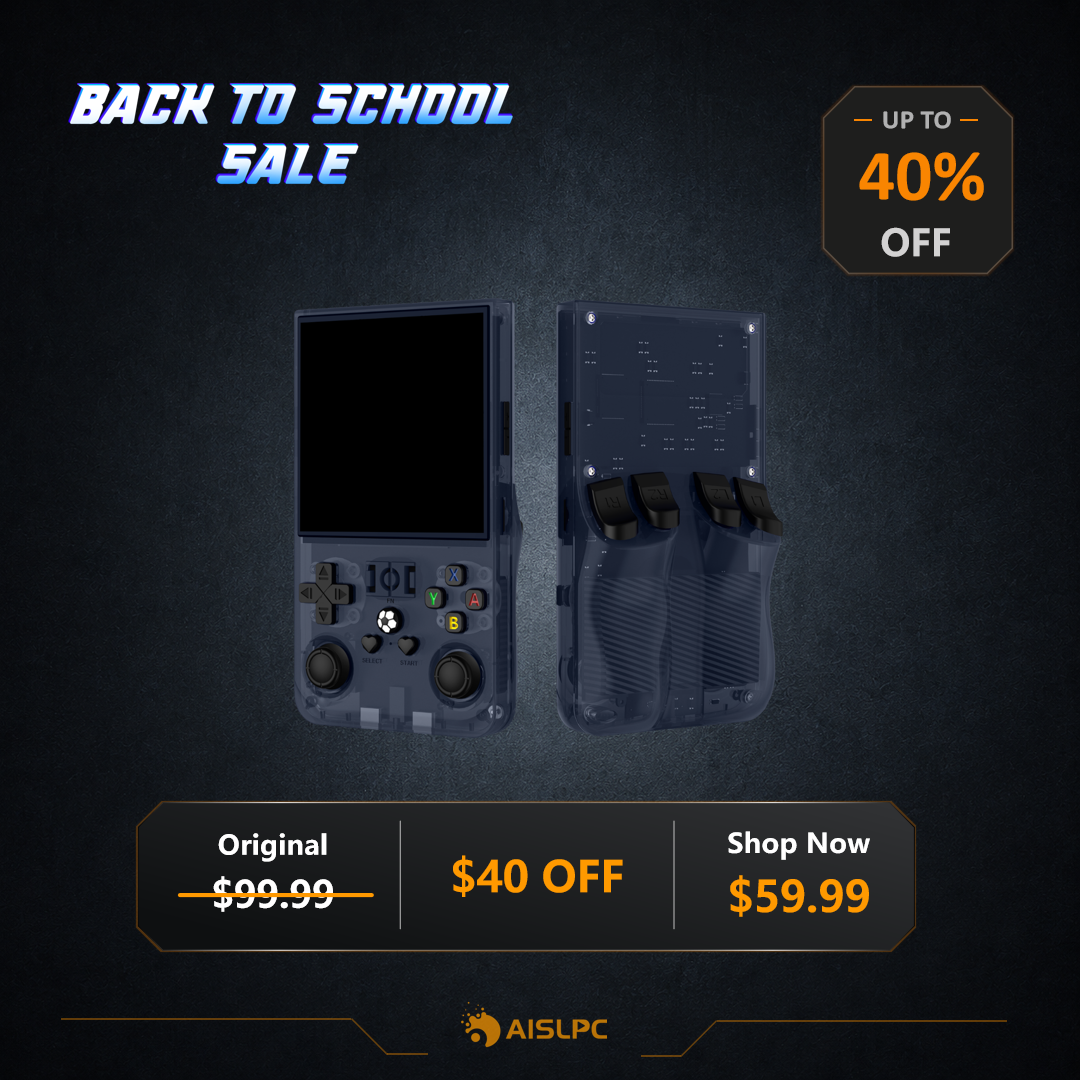 Промоплакат AISLPC Back to School Sale с чёрной R36 MAX: скидка до 40% и акционная цена 59,99 $.