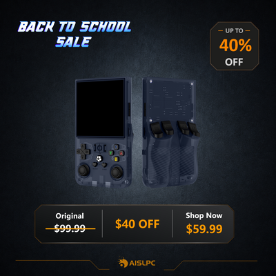 Промоплакат AISLPC Back to School Sale с чёрной R36 MAX: скидка до 40% и акционная цена 59,99 $.