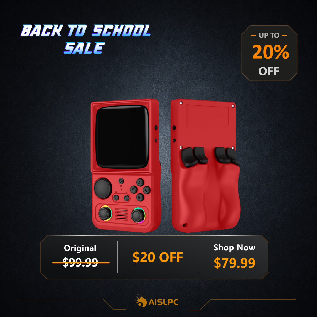 Плакат распродажи AISLPC Back to School с красной R36T MAX спереди и сзади: скидка до 20% и цена 79,99 $ на тёмном текстурированном фоне.