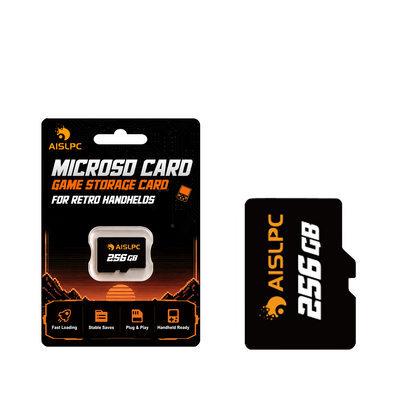 Карта microSD AISLPC 256 ГБ с упаковкой на прозрачном фоне для портативных ретро-консолей.
