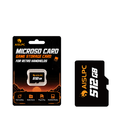 Карта microSD AISLPC 512 ГБ с упаковкой на прозрачном фоне для портативных ретро-консолей.