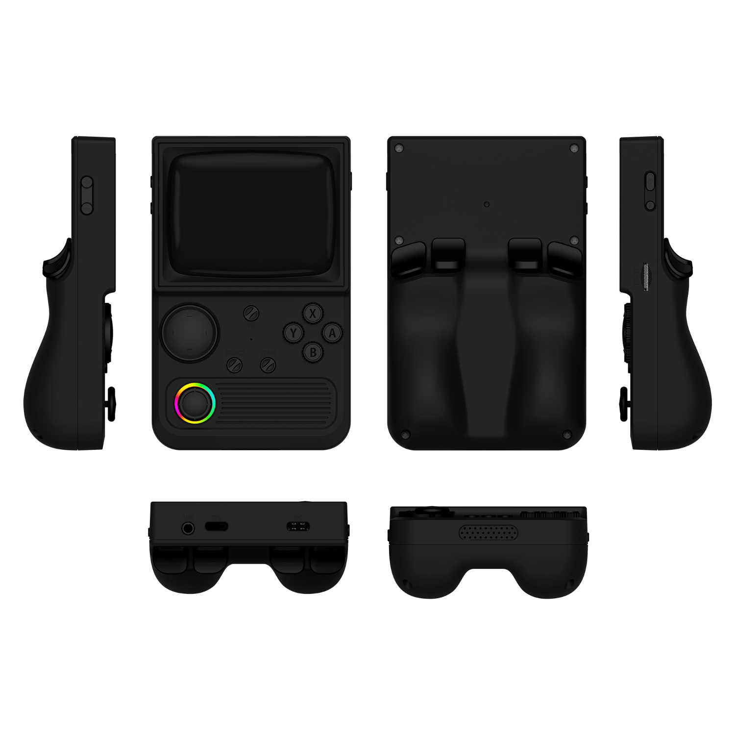 Чёрная R36T, показанная спереди, сзади, сбоку, сверху и снизу: RGB-джойстик и эргономичный задний хват.