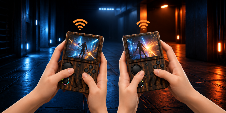 Два игрока держат кофейно-коричневые R36T WiFi со значками беспроводного соединения и мультиплеерной экшен-игрой в неоновом научно-фантастическом коридоре.