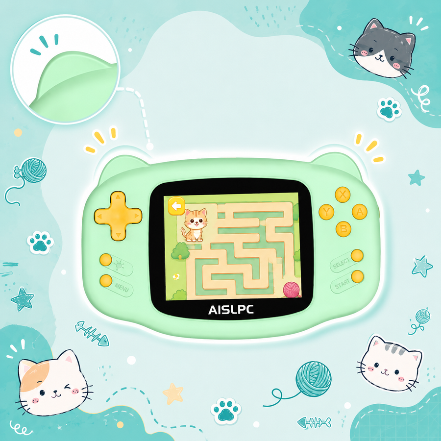 Зелёная AISLPC RG-K32B с игрой-лабиринтом с котом на экране и милыми иллюстрациями в кошачьей тематике.