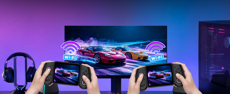 Чёрные RG43H PRO подключены к монитору по Wi‑Fi: мультиплеерная гоночная игра и значки беспроводного соединения в неоновой игровой зоне.