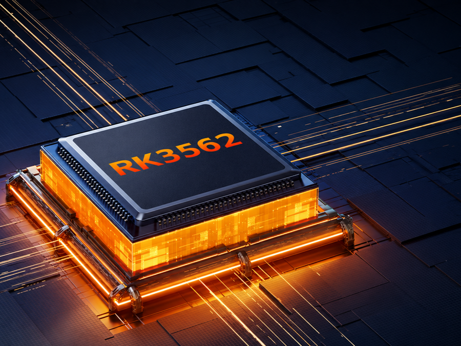 Процессор RK3562 с оранжевой неоновой подсветкой схемы, иллюстрирующий аппаратную производительность RG52 MINI.