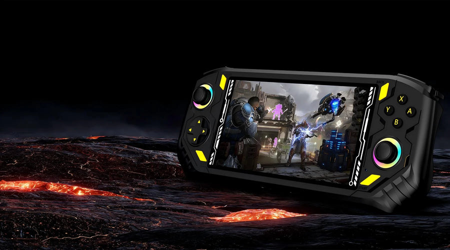 Чёрная RG52 PRO MAX на тёмном лавовом пейзаже: два RGB-джойстика и экшен-игра на широком экране.