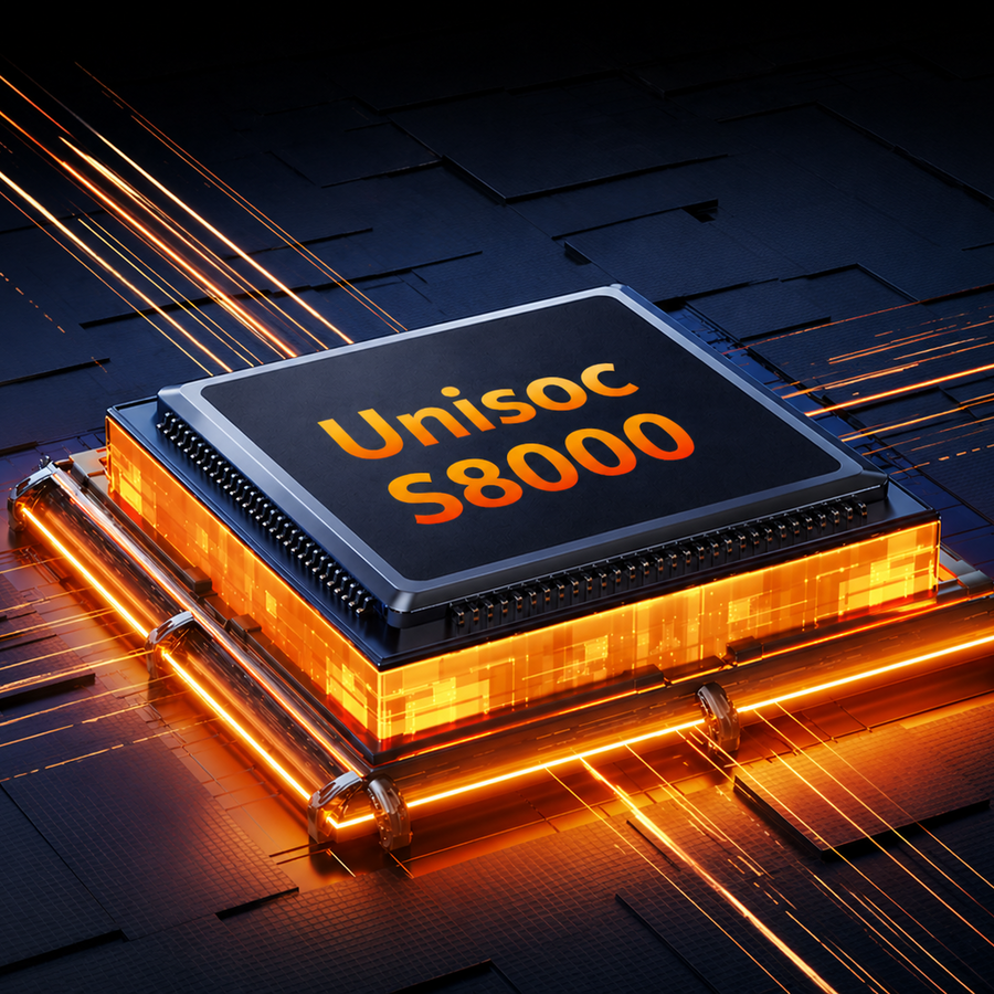 Процессор Unisoc S8000 с оранжевой неоновой подсветкой схемы, иллюстрирующий аппаратную производительность RG52 PRO MAX.