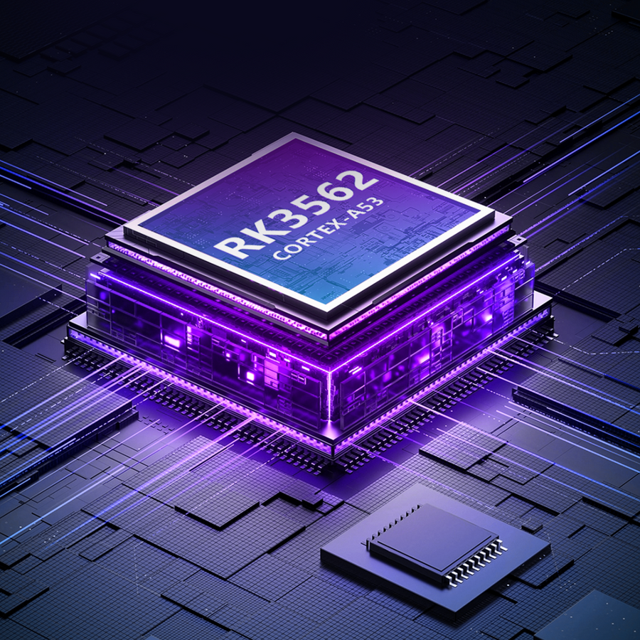 Процессор RK3562 Cortex‑A53 с фиолетовой неоновой подсветкой схемы, иллюстрирующий аппаратную производительность портативных ретро-консолей AISLPC.